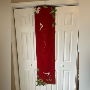 Red Table Runner with White and Green Accents (60” l x 13.5” w) by tag